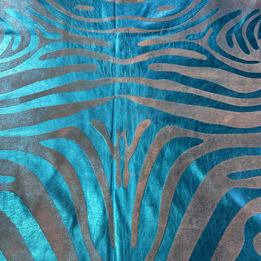 Turquoise Metallic Zebra Cowhide Rug Size: 7x6 feet J-115