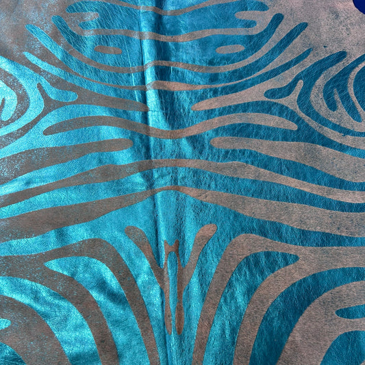 Turquoise Metallic Zebra Cowhide Rug Size: 7x6 feet J-116