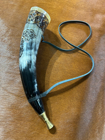 Viking Blow Horn - Viking Warrior Scrimshaw Blowhorn- Leather Strap Included