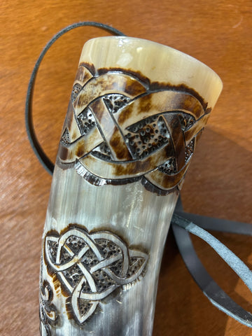 Viking Blow Horn - Viking Warrior Scrimshaw Blowhorn- Leather Strap Included