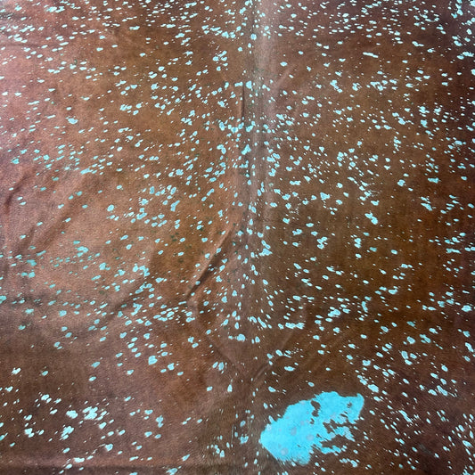 Brown Cowhide Rug with Green Turquoise Acid Washed Size: 9x7 feet X-016