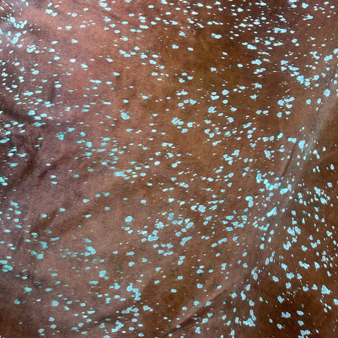 Brown Cowhide Rug with Green Turquoise Acid Washed Size: 9x7 feet X-016