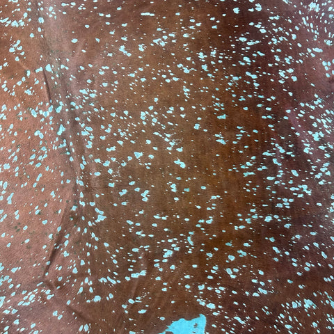 Brown Cowhide Rug with Green Turquoise Acid Washed Size: 9x7 feet X-016