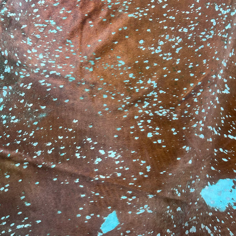 Brown Cowhide Rug with Green Turquoise Acid Washed Size: 9x7 feet X-016