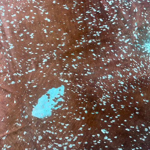 Brown Cowhide Rug with Green Turquoise Acid Washed Size: 9x7 feet X-016