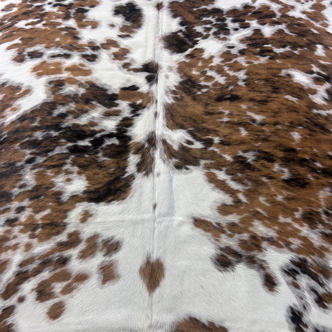 Tricolor Cowhide Rug (speckled with lighter tones/ small patch) Size: 7.5x7 feet X-024