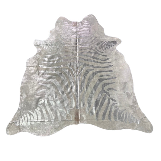 Silver Metallic Zebra Cowhide Rug Size: 7x6.5 feet J-062