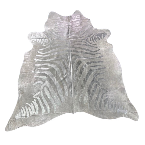 Silver Metallic Zebra Cowhide Rug (1 stitch in the middle) Size: 7x6 feet J-063