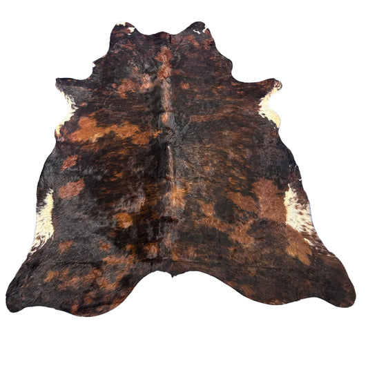 Tricolor Cowhide Rug (more solid tones of brindle/ long shiny hair) Size: 7.2x7 feet J-067