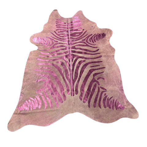Pink Metallic Zebra Cowhide Rug Size: 7x6.5 feet J-074