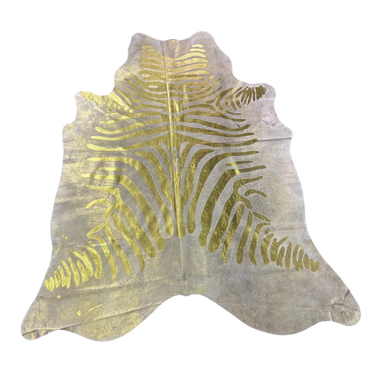 Gold Metallic Zebra Cowhide Rug Size: 7x6 feet J-081