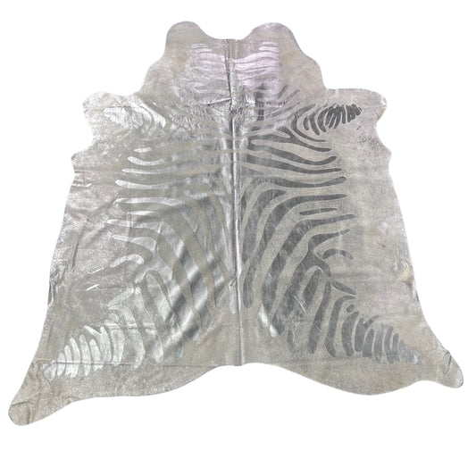 Silver Metallic Zebra Cowhide Rug (stitch) Size: 7x6 feet J-087
