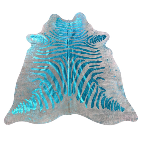 Turquoise Metallic Zebra Cowhide Rug Size: 7x6 feet J-114