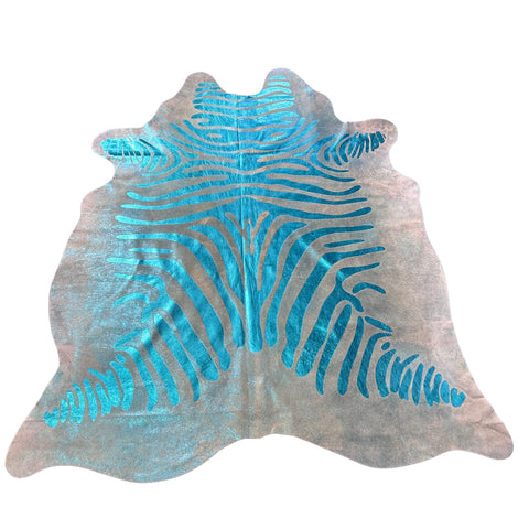 Turquoise Metallic Zebra Cowhide Rug Size: 7x6 feet J-115
