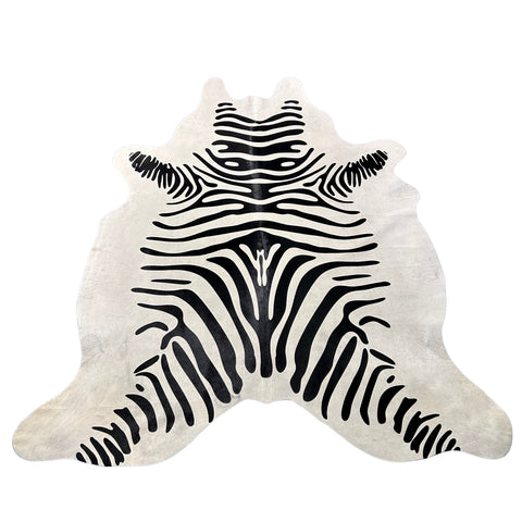 Zebra Print Cowhide Rug (2 small patches and some scars/ quite white!) Size: 7x6.7 feet J-140