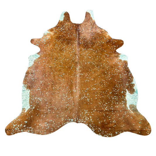 Brown Cowhide Rug with Green Turquoise Acid Washed Dyed Size: 8x6.7 feet J-143