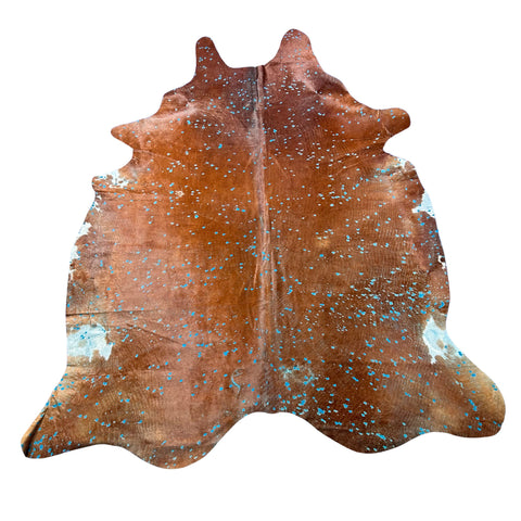 Brown Cowhide Rug Acid Washed Dyed Blue Turquoise Size: 8x6.5 feet J-149