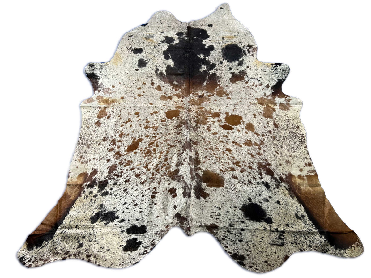 Gorgeous & Huge Speckled Brazilian Cowhide Rug (fire brands) Size: 8.2x7.5 feet O-413