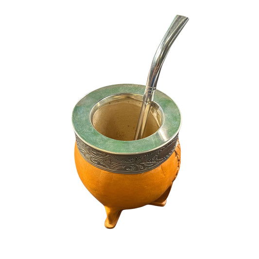 Handmade Yerba Mate Mug + Straw from Argentina - Leather and Metal Trim Imperial Mate Gourd Set