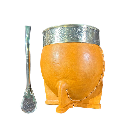 Tasse à maté et paille fabriquées à la main en Argentine - Ensemble de gourdes à maté impériales avec garniture en cuir et métal