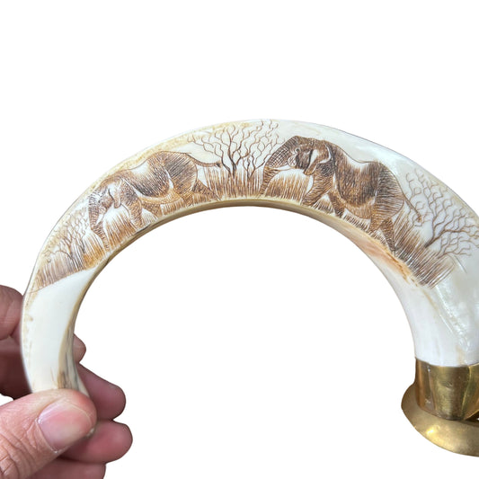 Hand Scrimshawed African Warthog Tooth Tusk 10" with Metal Stand