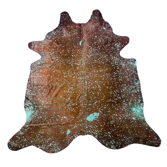Brown Cowhide Rug with Green Turquoise Acid Washed Size: 9x7 feet X-016