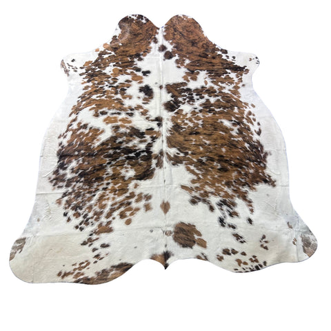 Tricolor Cowhide Rug (speckled with lighter tones/ small patch) Size: 7.5x7 feet X-024