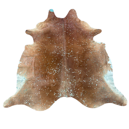 Solid Brown Cowhide Rug with Green Turquoise Acid Washed Size: 7.2x7 feet Y-038