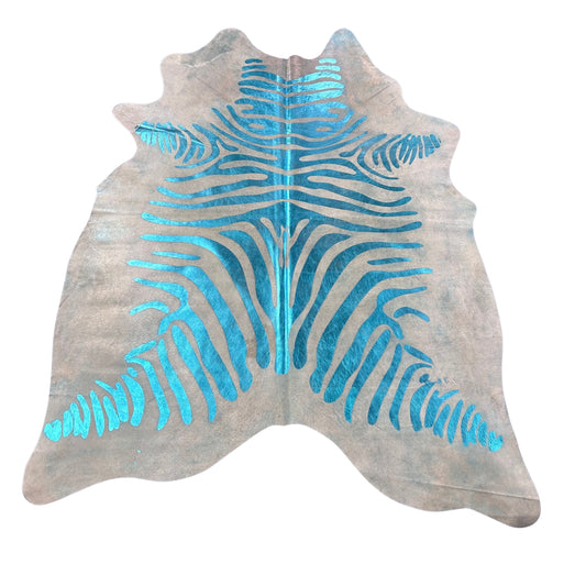 Turquoise Metallic Zebra Cowhide Rug Size: 7x5.7 feet Y-048