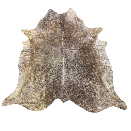 Salt & Pepper Brown and White Cowhide Rug with Gold Metallic Acid Washed Size: 7x6 feet Y-058