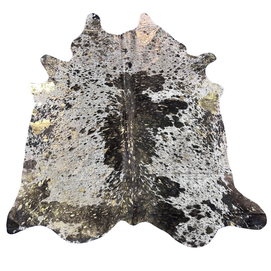 Chocolate Brown and White Cowhide Rug with Gold Metallic Acid Washed Size: 7x6 feet Y-060