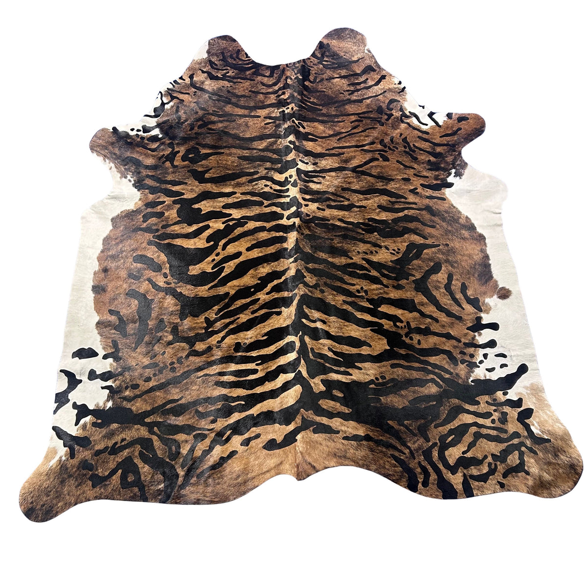 Tiger Print Cowhide Rug (with white belly) Size: 7x6.2 feet Y-090