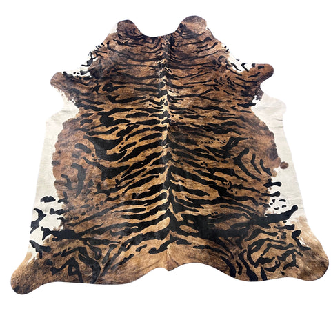 Tiger Print Cowhide Rug (with white belly) Size: 7x6.2 feet Y-090
