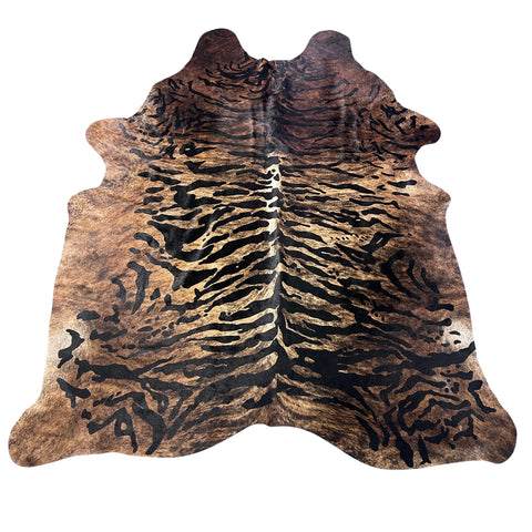 Siberian Tiger Print on Brindle Cowhide Rug Size: 7.7x6.5 feet Y-123