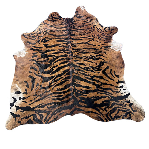 Siberian Tiger Print on Brindle Cowhide Rug Size: 7x6.2 feet Y-124