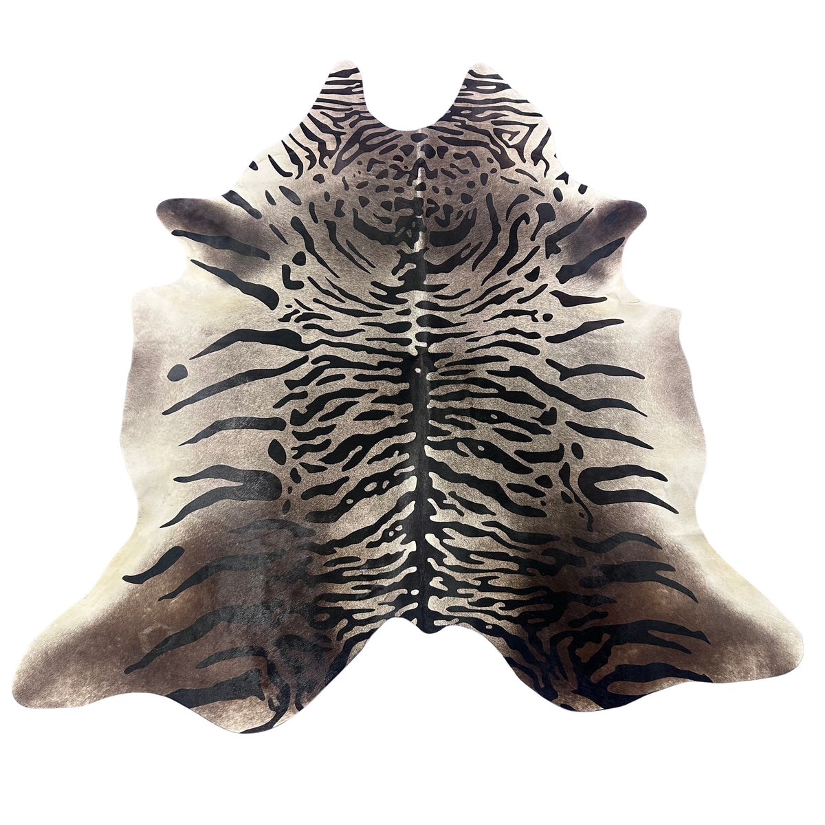 Tiger Print Cowhide Rug on Dark Grey Background Size: 7x6.5 feet Z-078