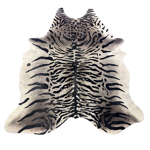 Tiger Print Cowhide Rug on Dark Grey Background Size: 7.2x6 feet Z-079