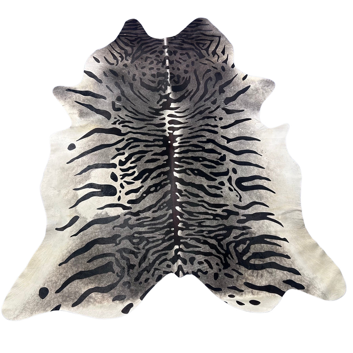 Tiger Print Cowhide Rug on Dark Grey Background (big light grey spot) Size: 8x7 feet Z-080