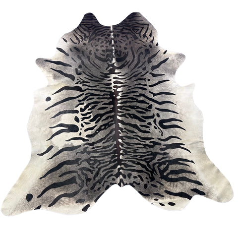 Tiger Print Cowhide Rug on Dark Grey Background (big light grey spot) Size: 8x7 feet Z-080
