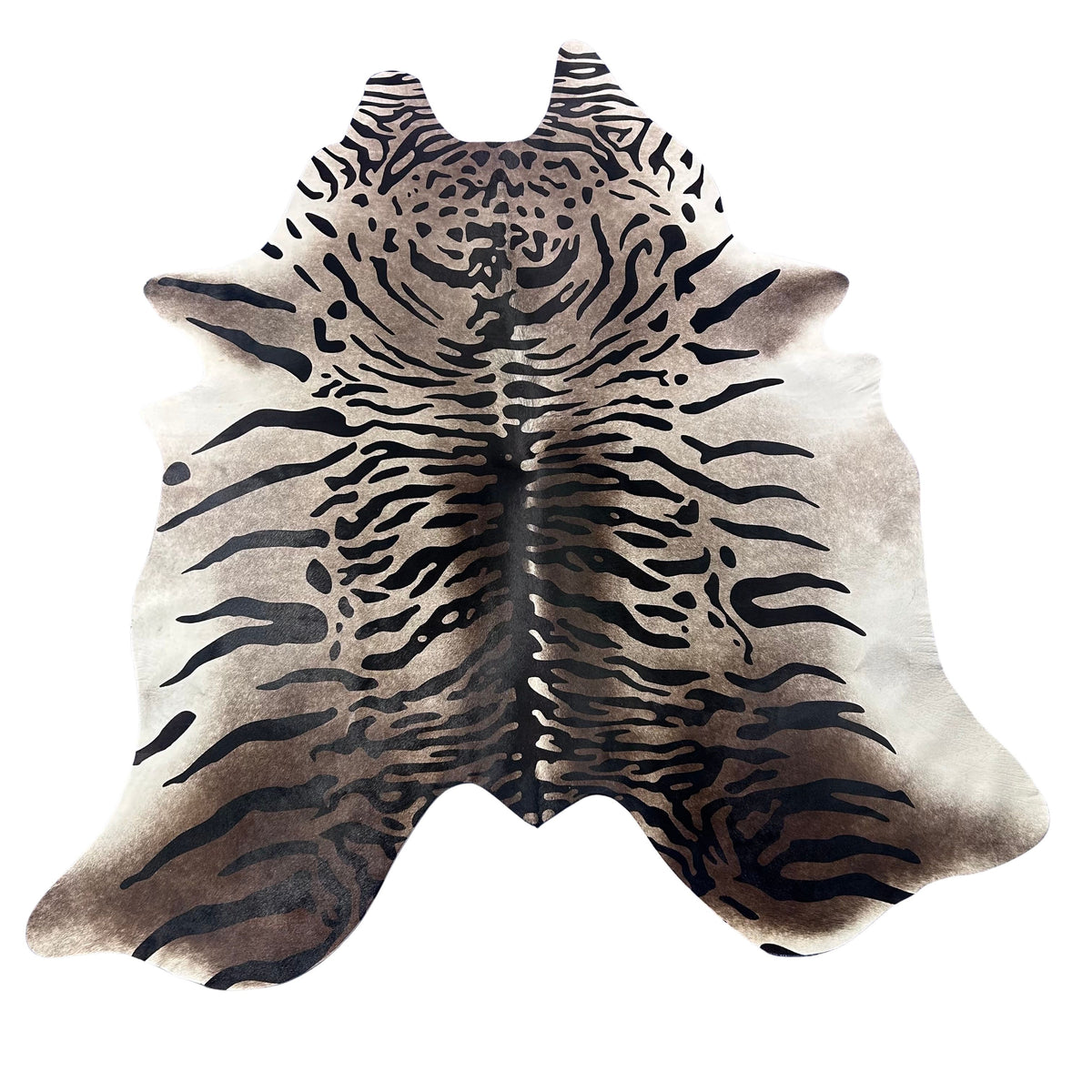 Tiger Print Cowhide Rug on Dark Grey Background  (a bit of brown mixed in) Size: 7.2x6.2 feet Z-081