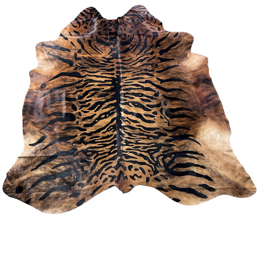 Tiger Print Cowhide Rug (brindle background) Size: 7x7 feet Z-094
