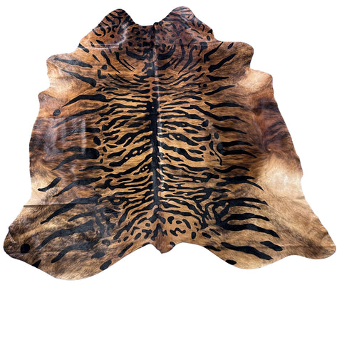 Tiger Print Cowhide Rug (brindle background) Size: 7x7 feet Z-094