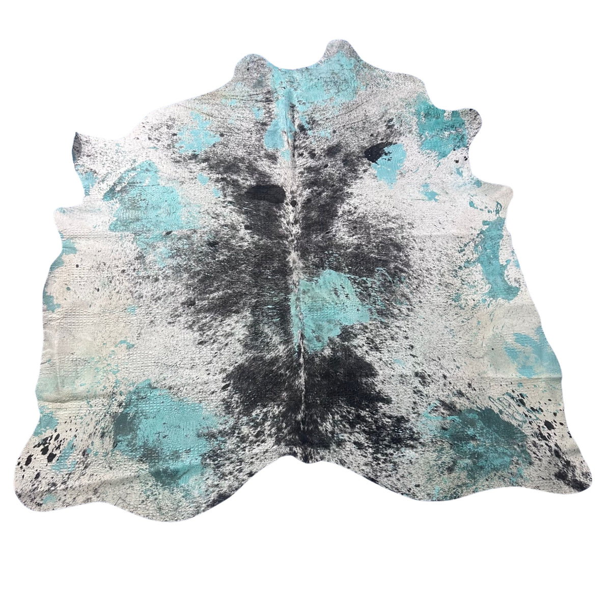 Black and White Cowhide Rug with Acid Washed Turquoise Dyed and Crocodile Embossing Size: 7x7 feet Z-207