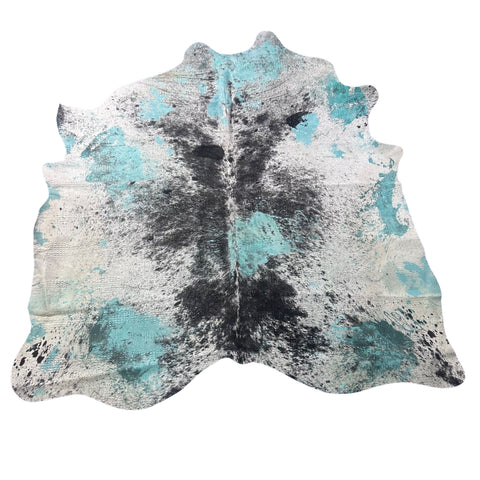 Black and White Cowhide Rug with Acid Washed Turquoise Dyed and Crocodile Embossing Size: 7x7 feet Z-207