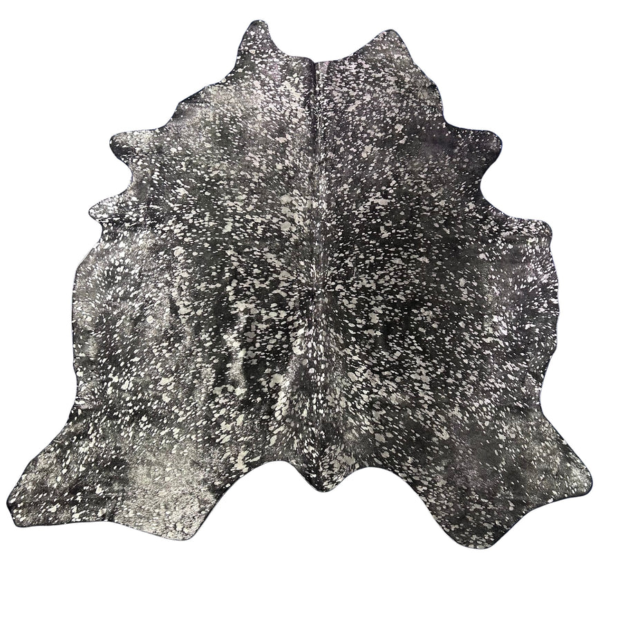 Dyed Black Cowhide Rug with Silver Acid Washed (1 patch) Size: 7.2x6.2 feet Z-217