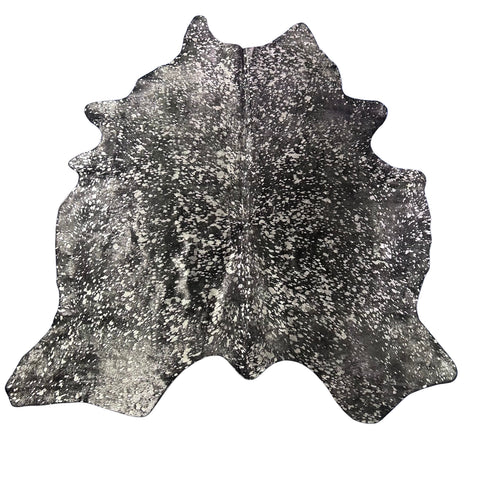 Dyed Black Cowhide Rug with Silver Acid Washed (1 patch) Size: 7.2x6.2 feet Z-217