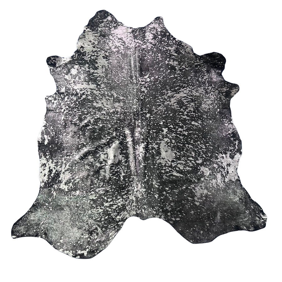 Dyed Black Cowhide Rug with Silver Acid Washed (1 patch) Size: 8x7 feet Z-219
