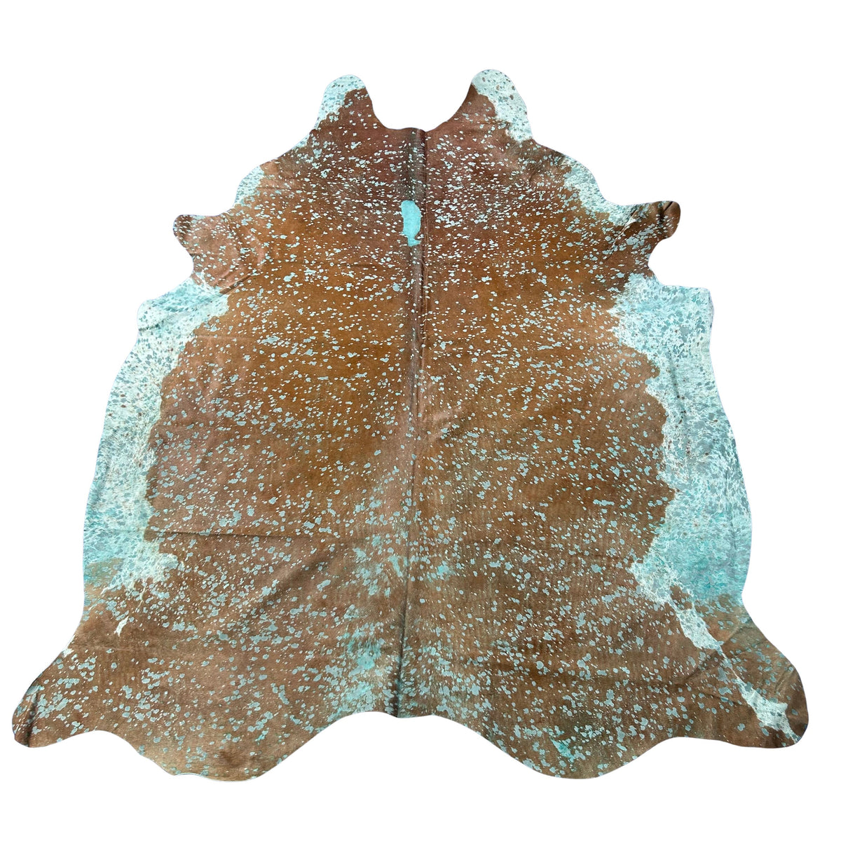 Brown Cowhide Rug with Green Turquoise Acid Washed Size: 9x7 feet Z-241