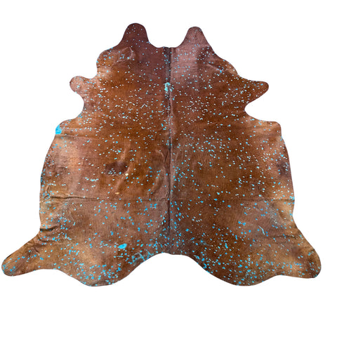 Brown Cowhide Rug with Blue Turquoise Acid Washed Size: 8x7 feet Z-242