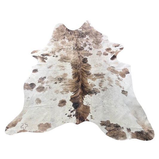 Light Brindle Spotted Tricolor Cowhide Rug (some scars + fire brands) Size: 7x6.7 feet Z-249